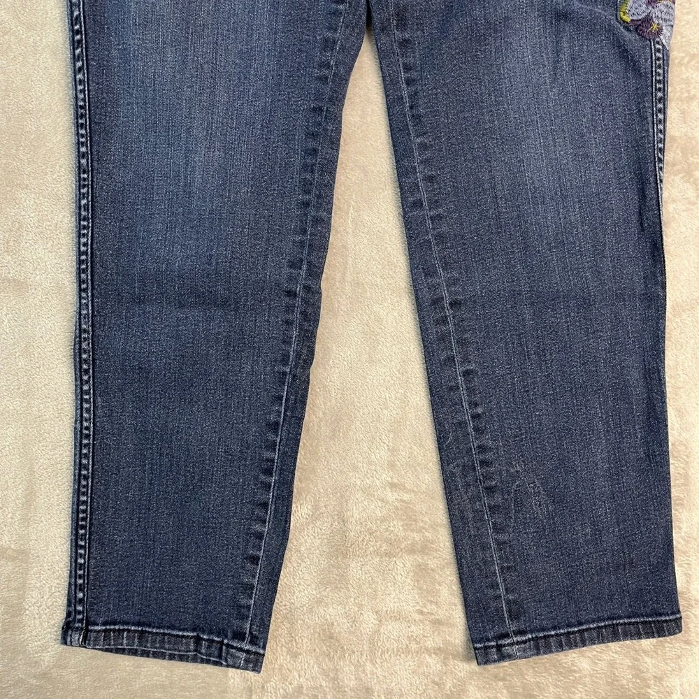 J. Jill Authentic Fit Slim Ankle Jeans Womens 10 Blue Floral Embroidered Denim